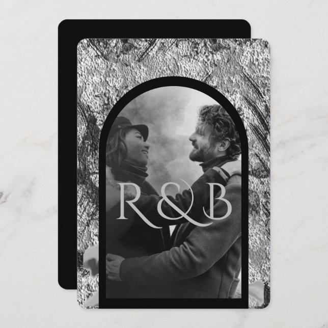 Chic Black White Mountains Arched Photo Wedding Invitation (Front/Back)