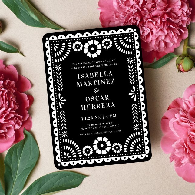 Chic Black & White Papel Picado Inspired Wedding Invitation (Creator Uploaded)
