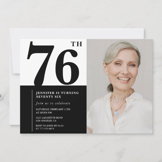 Chic Black White Photo 76th Birthday Invitation (Front)