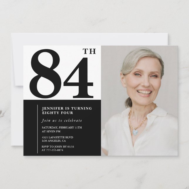 Chic Black White Photo 84th Birthday Invitation (Front)