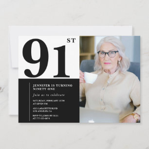 Chic Black White Photo 91st Birthday Invitation