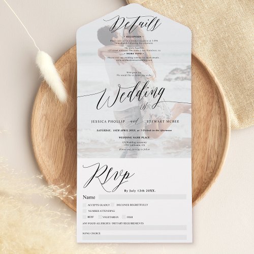 Chic black white photo calligraphy wedding all in one invitation