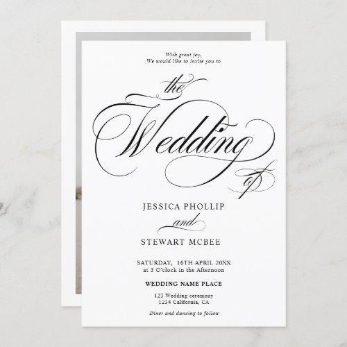 Chic black white photo calligraphy wedding invitation - Chic and elegant black and white photo calligraphy wedding invitation.With a beautiful brush calligraphy script.