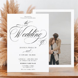 Chic black white photo calligraphy wedding invitation