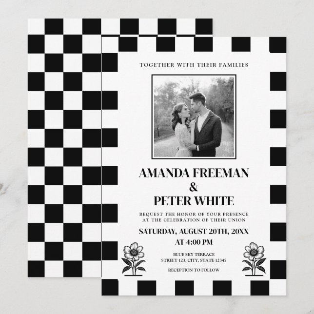 Chic Black & White Photo Checkerboard Wedding Invitation (Front/Back)