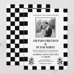 Chic Black & White Photo Checkerboard Wedding Invitation