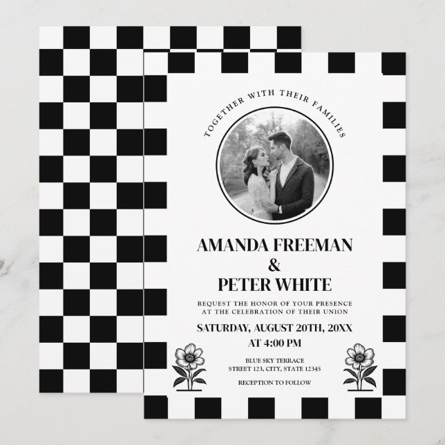 Chic Black & White Photo Checkerboard Wedding Invitation (Front/Back)
