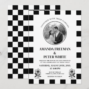 Chic Black & White Photo Checkerboard Wedding Invitation