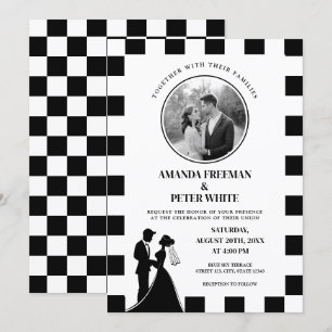 Chic Black & White Photo Checkered Couple Wedding Invitation