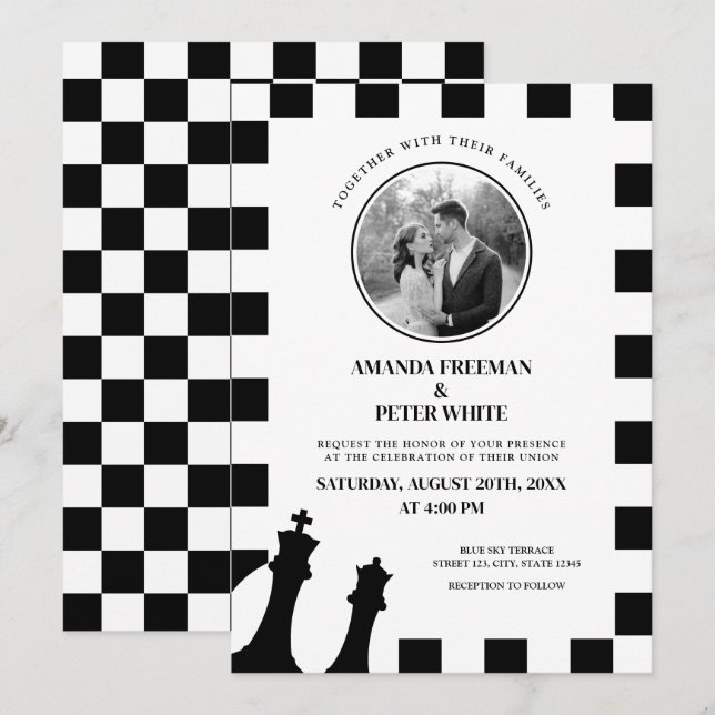 Chic Black & White Photo Checkered Pattern Wedding Invitation (Front/Back)