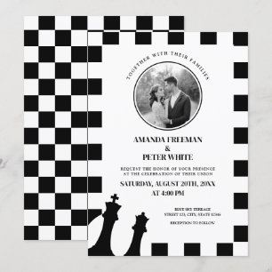 Chic Black & White Photo Checkered Pattern Wedding Invitation