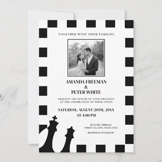 Chic Black & White Photo Checkered Pattern Wedding Invitation (Front)