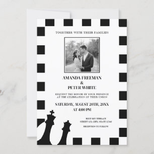 Chic Black & White Photo Checkered Pattern Wedding Invitation