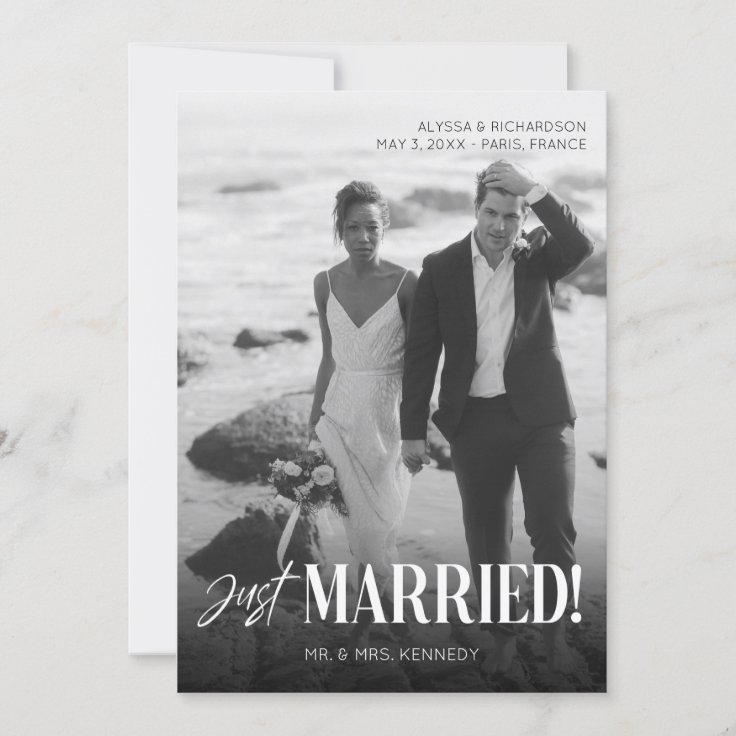 Chic Black & White Photo Typography Just Married Invitation | Zazzle