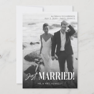 Chic Black & White Photo Typography Just Married Invitation