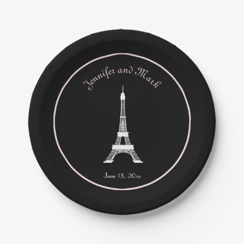 Chic Black White Pink French Eiffel Tower Wedding Paper Plates