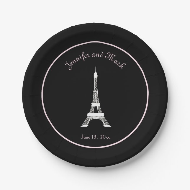 Chic Black White Pink French Eiffel Tower Wedding Paper Plates (Front)