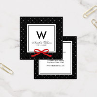 Chic Black White Polka Dot Red Ribbon Monogram Square Business Card