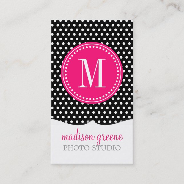Chic Black White Polka Dots Hot Pink Personalized Business Card (Front)
