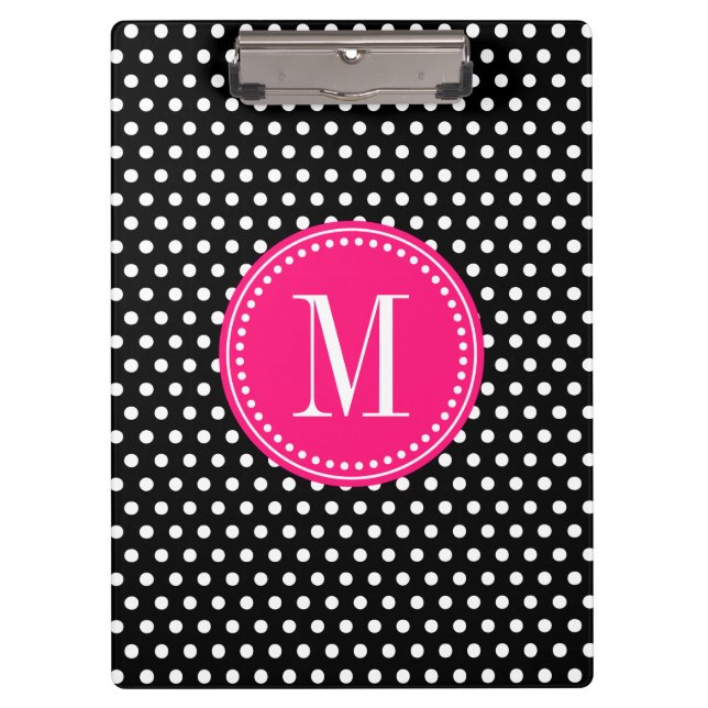 Chic Black White Polka Dots Hot Pink Personalized Clipboard (Front)