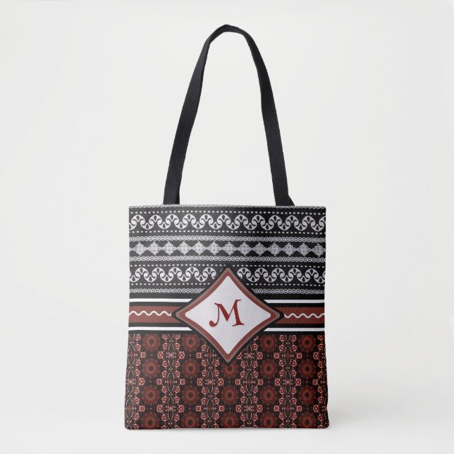Chic Black, White & Red Abstract Tribal Tote Bag (Front)