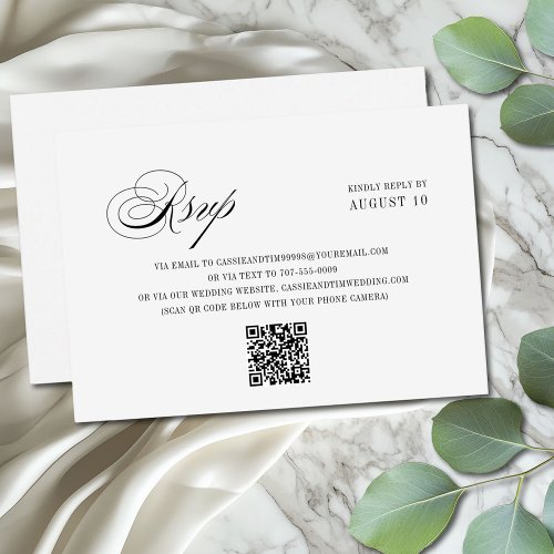 Chic Black White Romantic Script QR Code Wedding RSVP Card