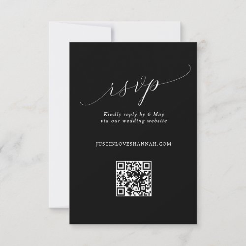 Chic Black  White Romantic Script Wedding QR Code RSVP Card