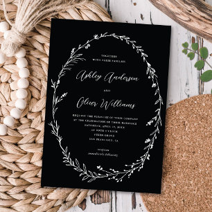 Chic Black White Rustic Wildflower Wreath Wedding Invitation