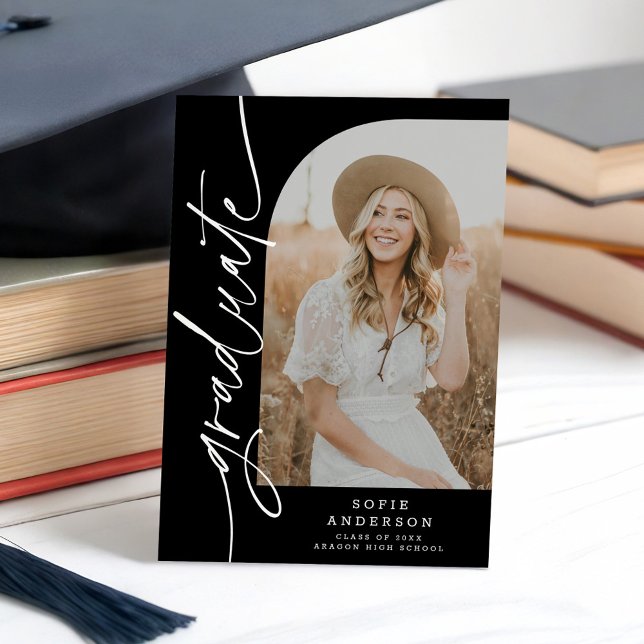 Chic Black & White Script Arch Graduation Photo Announcement (Creator Uploaded)