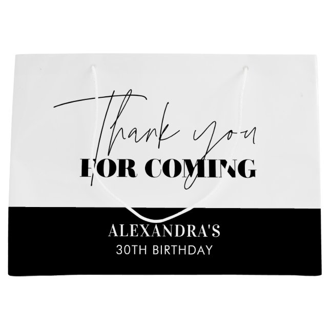Chic Black White Script Birthday Thank you Large Gift Bag (Front)