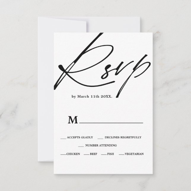 Chic black white script calligraphy rsvp wedding card (Front)