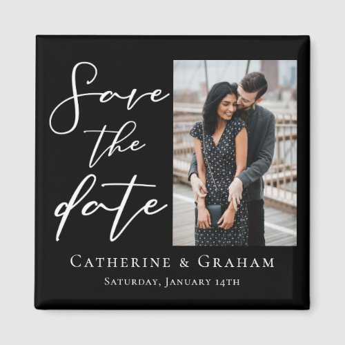 Chic Black White Script Couple Photo Save the Date Magnet