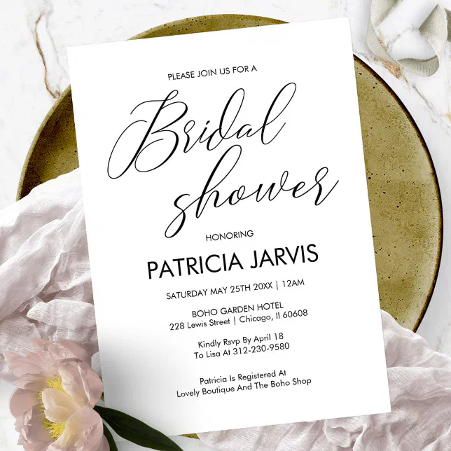 Chic Black & White Script Lettering Bridal Shower Invitation | Zazzle