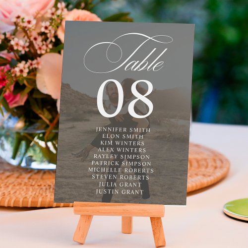 Chic black white script names photos wedding table number