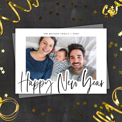 Chic Black  White Script New Year Photo Holiday Card