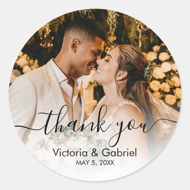 Chic Black White Script Wedding Photo Thank You Classic Round Sticker (Front)