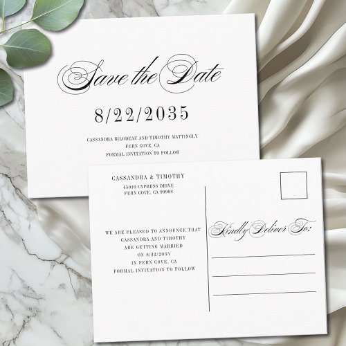 Chic Black White Script Wedding Save the Date Postcard