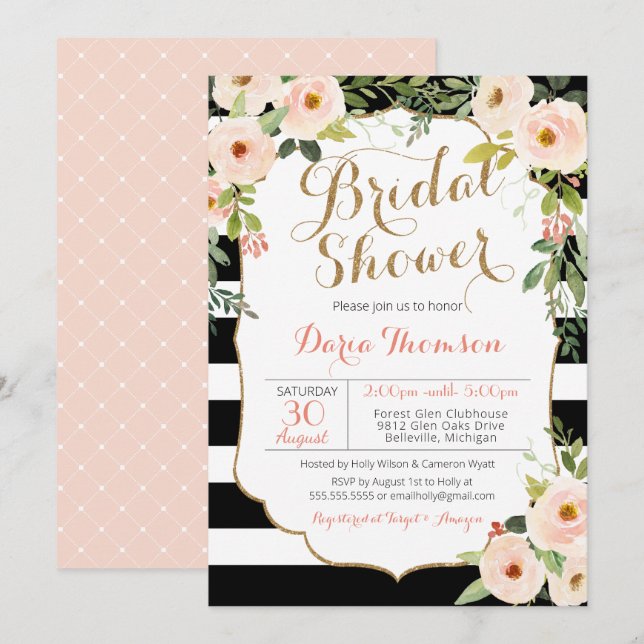 Chic Black White Stripe Blush Floral Bridal Shower Invitation (Front/Back)