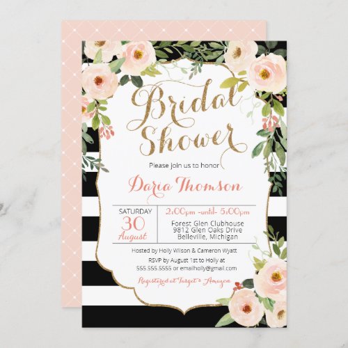Chic Black White Stripe Blush Floral Bridal Shower Invitation