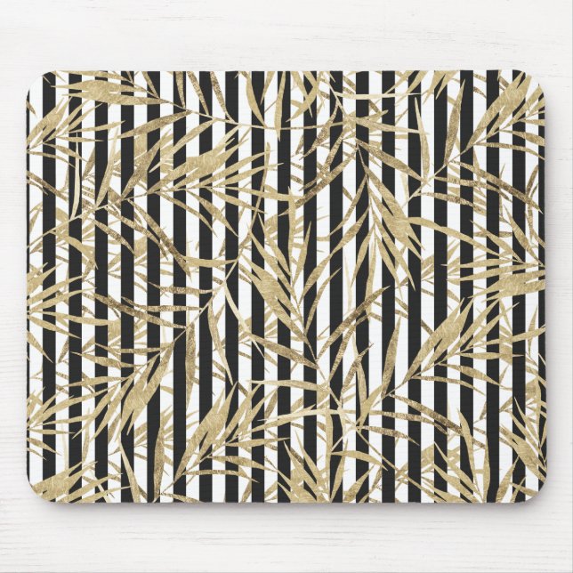 Chic black white stripe faux gold tropical floral mouse pad (Front)