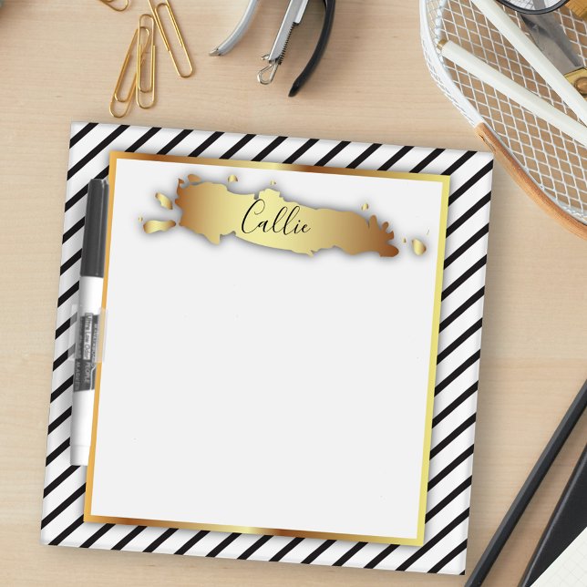  Chic Black White Stripe Gold Splatter Custom Name Dry Erase Board (Creator Uploaded)