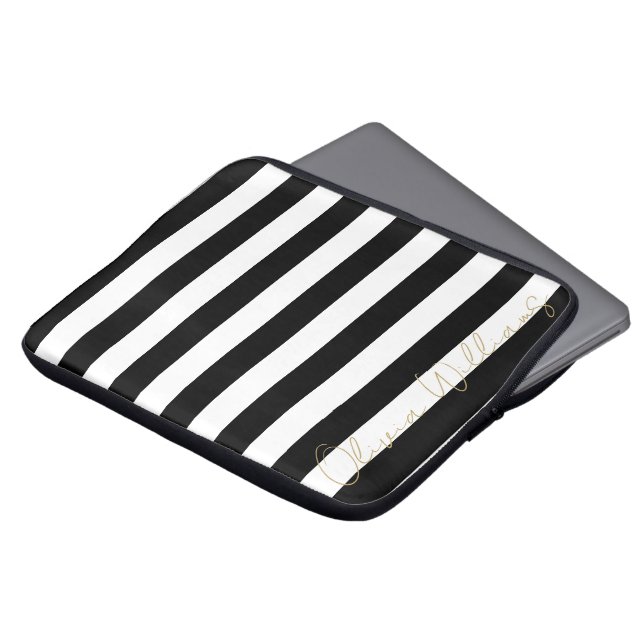 Chic Black White Stripe Pattern Simple Modern Look Laptop Sleeve (Front Top)