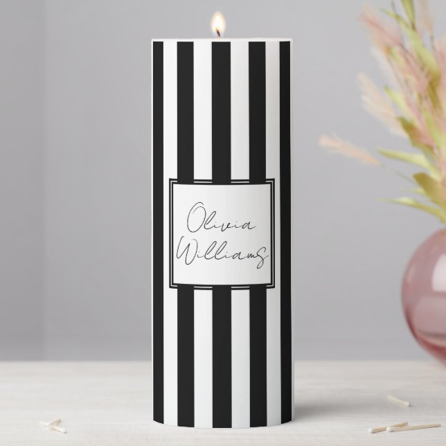 Chic Black White Stripe Pattern Simple Modern Look Pillar Candle (In Situ)