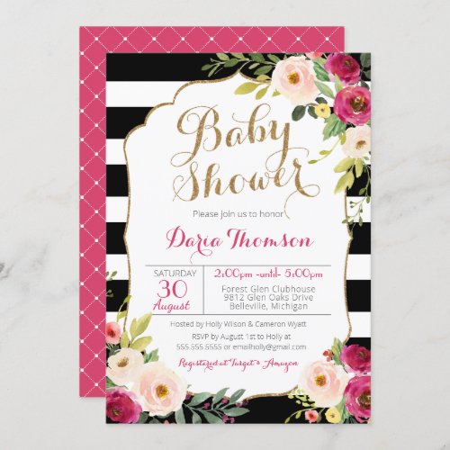 Chic Black  White Stripe Pink Floral Baby Shower Invitation