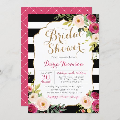 Chic Black White Stripe Pink Floral Bridal Shower Invitation