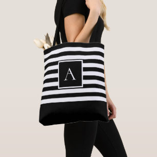 CHIC BLACK WHITE STRIPE Square Letter Monogram Tote Bag