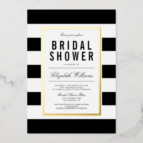 Chic Black White Striped Bridal Shower Real Gold Foil Invitation