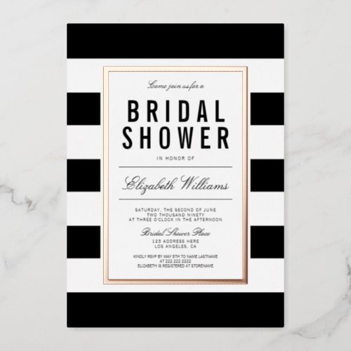 Chic Black White Striped Bridal Shower Rose Gold Foil Invitation