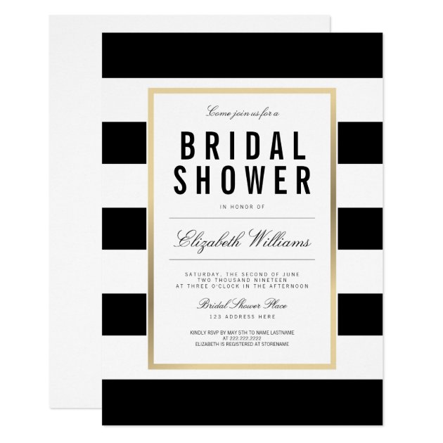 Chic Black White Striped Gold Bridal Shower Invite