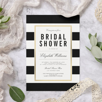 Chic Black White Striped Gold Bridal Shower Invite by pinkpinetree at Zazzle